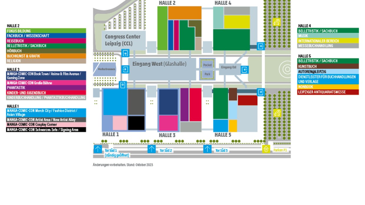 In dieser Grafik sind die verschiedenen Ausstellungsbereiche der Leipziger Buchmesse in bunten Farben und Beschriftungen dargestellt.