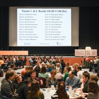 Tischgespräche im vollen Saal der Leipziger Autor:innenrunde 2024 mit Tagesordnung im Hintergrund