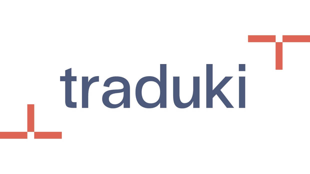 Das Schriftlogo von Traduki "traduki" in blauer Schrift auf weißem Hintergrund. 