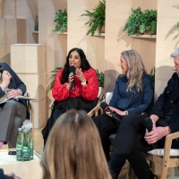 Stage conversation between Maja Lunde, Karl Ove Knausgård, Lubna Jaffery (Minister of Culture and Equality of the Kingdom of Norway), and Thomas Böhm at the Norway 2025 Guest of Honor pavilion with a large audience at the Leipzig Book Fair 2025
