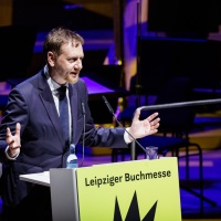 Michael Kretzschmer, Prime Minister of the Free State of Saxony, during the opening of the 2026 Leipzig Book Fair at the Gewandhaus in Leipzig.