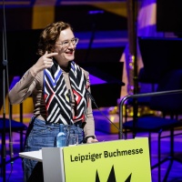 Barbi Marković during the laudatory speech for Miljenko Jergović, winner of the 2026 Leipzig Book Award for European Understanding, as part of the opening of the 2026 Leipzig Book Fair.