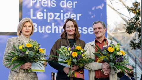 The three winners of the Leipzig Book Fair Prize 2026 standing on the stage